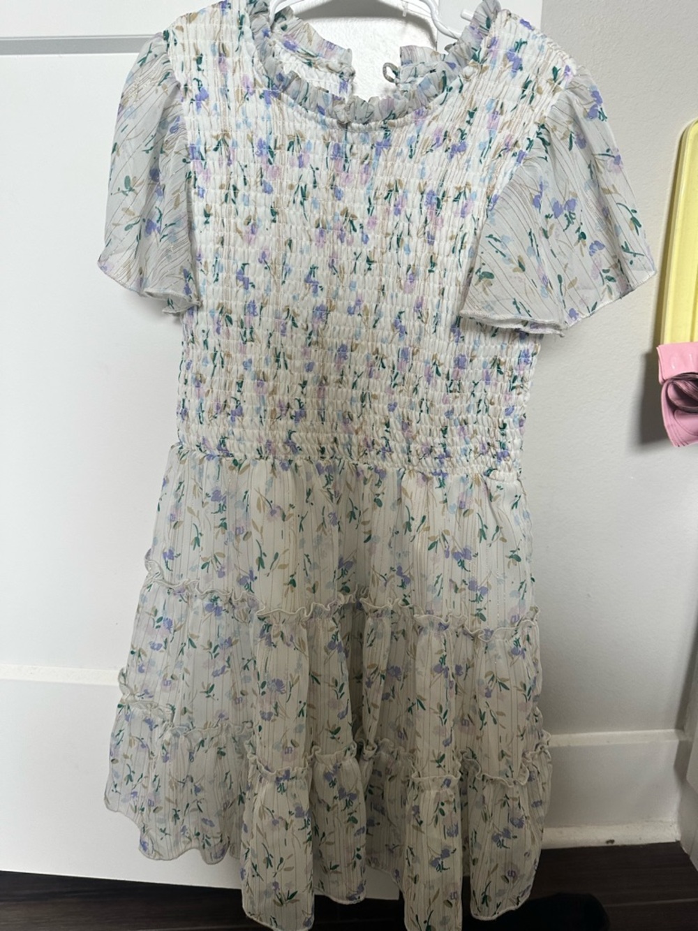 Zunie White Floral Smocked Tiered Dress with Purple & Green Accents